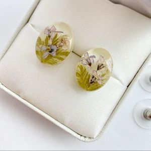 Vintage Floral Forget-me-not Cute Oval Small Stud Earrings with Real Petals